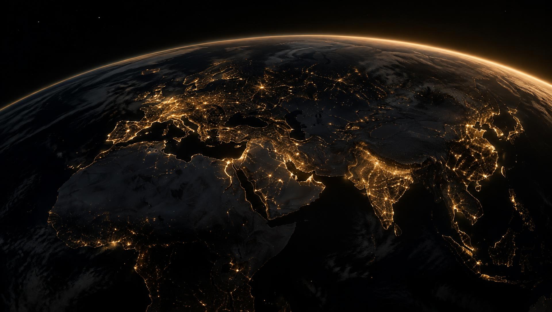 Earth at night with cities illuminated in gold